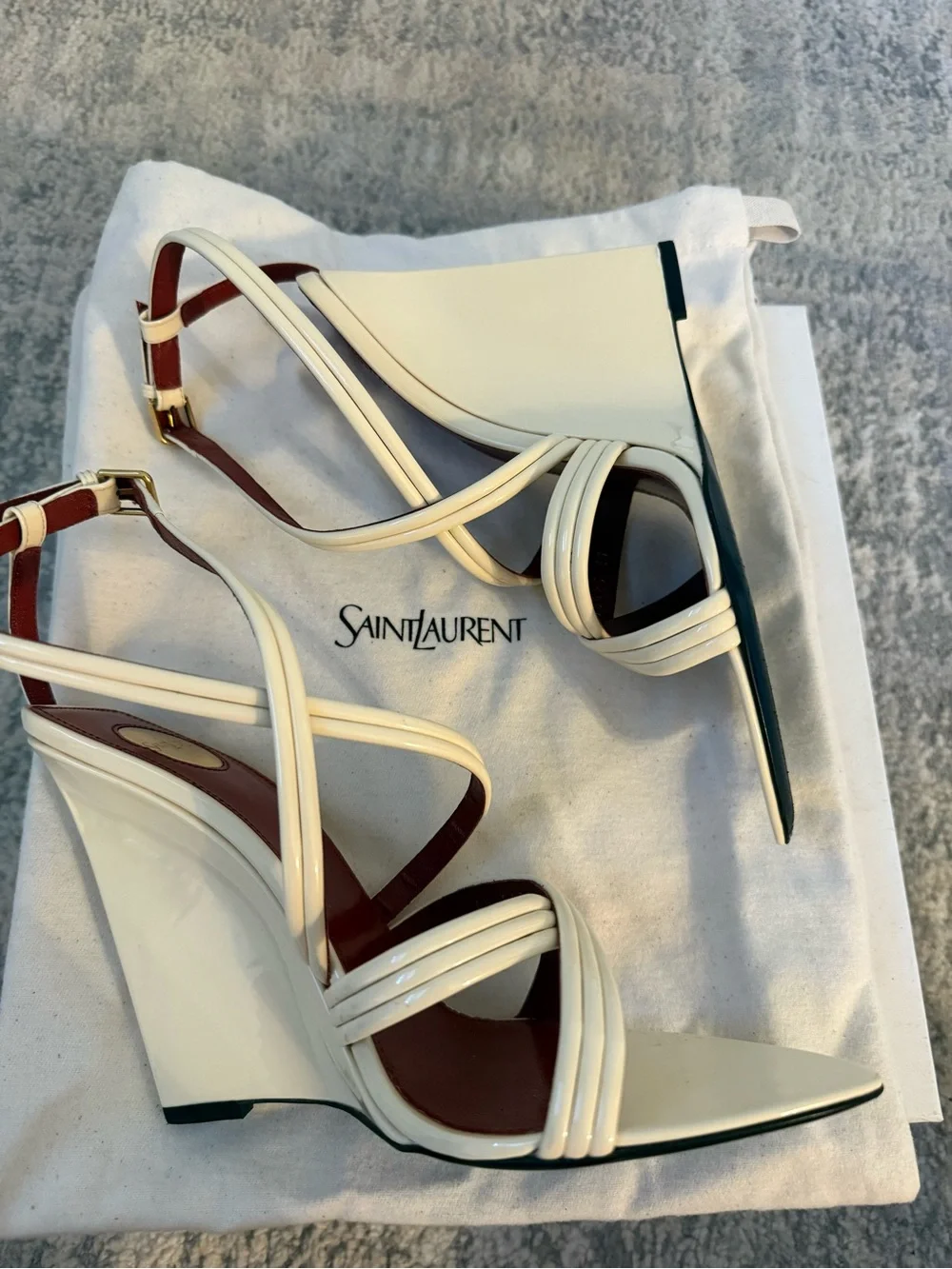 Saint Laurent Ivory Patent Leather Strappy Sandals